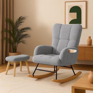 COMHOMA Nursery Rocking Chair with Ottoman, Teddy Glider Rocker Accent Chairs with High Backrest Reading Chair for Adult,Bedroom, Living Room, Offices (Gray with Ottoman) (Grey)