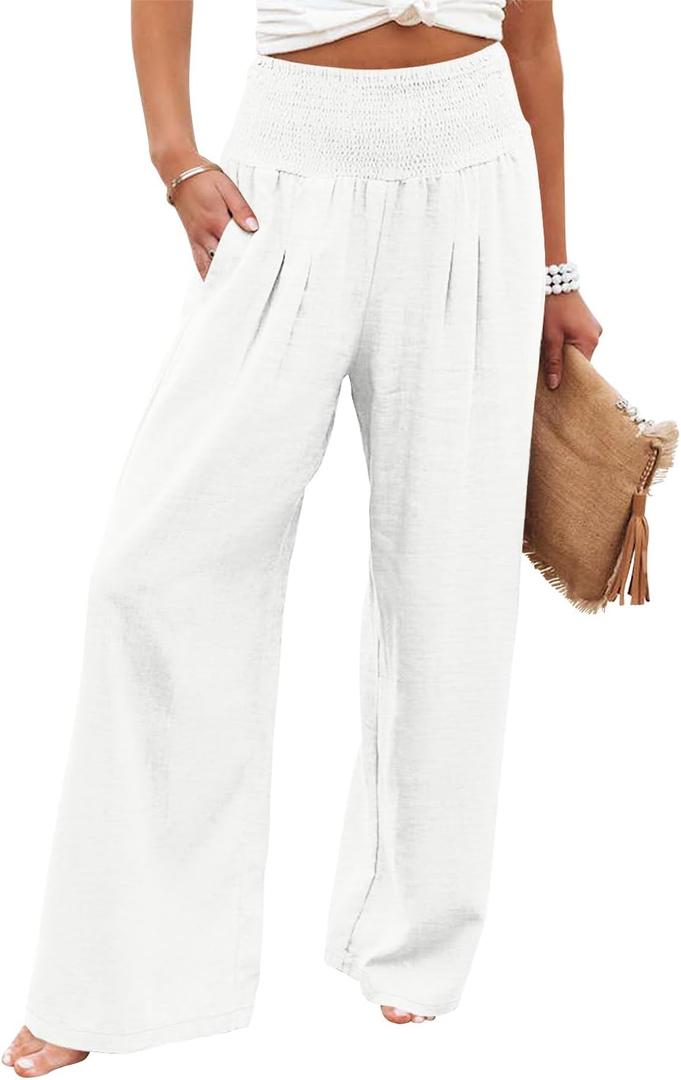 Angerella Women Summer High Waisted Solid White Palazzo Pants Wide Leg Long Lounge Pant Trousers with Pocket, White, 3XL