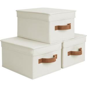 StorageWorks Storage Bins with Lids, Decorative Storage Boxes with Lid and PU Handles, Foldable Storage Baskets for Closet, Shelves, Stackable, Ivory, Medium, 3-Pack