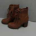 Soda Malia Round Toe Stacked Lug Heel Lace Up Ankle Booties, 7, Cognac Pu
