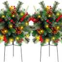 Liliful 2 Sets Outdoor Christmas Urn Filler 18 Inch Lighted Artificial Christmas Tree, Battery Operated Pre Lit Artificial Light up Planter Filler Lighted Xmas Trees with LED Lights Timer
