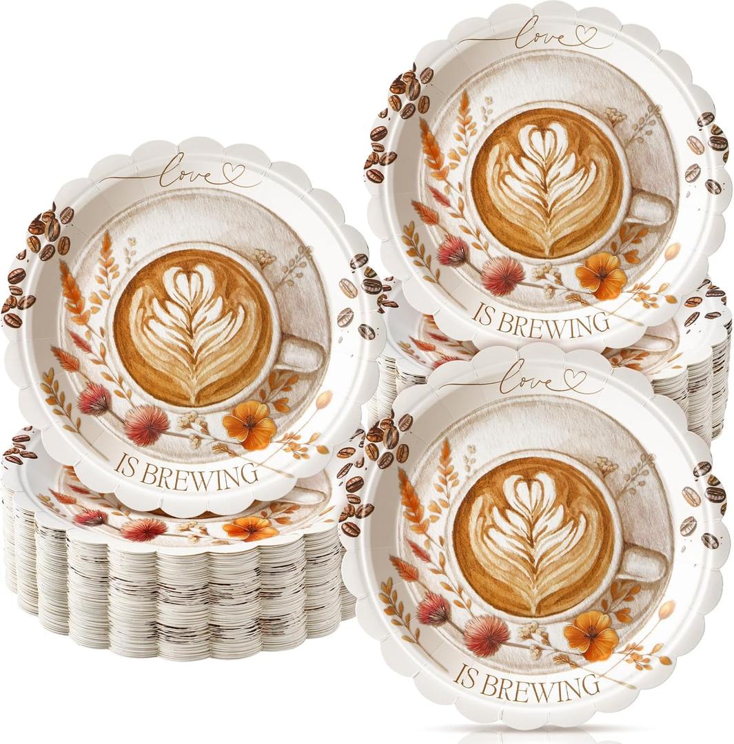 Havawish 100 Pcs Love Is Brewing Coffee Bridal Shower Party Plates Decoration Coffee Paper Plate Love Is Brewing Disposable Wedding Dinner Tableware Set for Engagement Party Bridal Shower Bachelorette