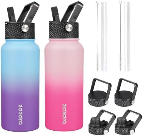 BJPKPK 2 Pack Insulated Water Bottles with Straw Lids, 32oz Stainless Steel Metal Water Bottle with 6 Lids, Leak Proof BPA Free Thermos, Cups, Flasks for Travel, Sports (Cherry+Ocean Dream)