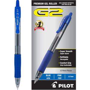 PILOT G2 Premium Refillable & Retractable Rolling Ball Gel Pens, Fine Point, Blue Ink, 12 Count (31021)