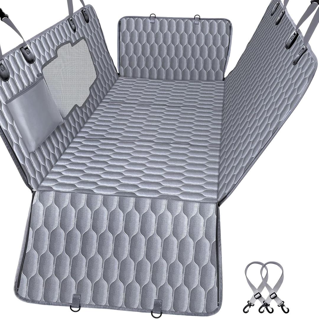 Chumajor Back Seat Extender for Dogs-Supports 400lb,Waterproof Dog Car Seat Cover Hard Bottom-Detachable,600D Heavy Duty Scratch Proof Nonslip Soft, Dog Hammock for Car, SUVs-Grey
