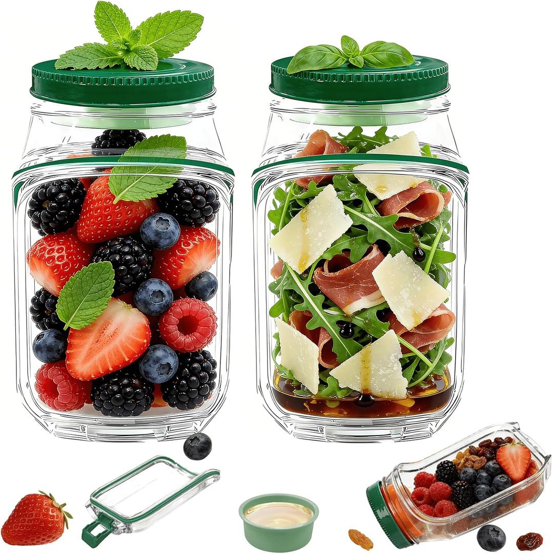 TJR Salad Pod Mason Jar Side Open Leakproof Vertical Layering Salad Jars with Built-In Dressing Containers, Reusable & Portable Lunch Containers for Office, Picnic & Travel (Pack of 2) 2.5oz