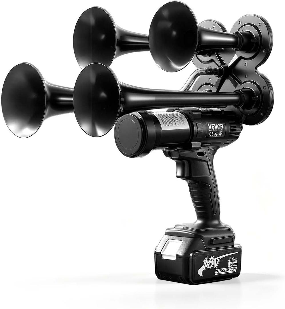 VEVOR Cordless 4-Trumpet Air Horn 130dB Train Air Horn & Built-in Air Pump