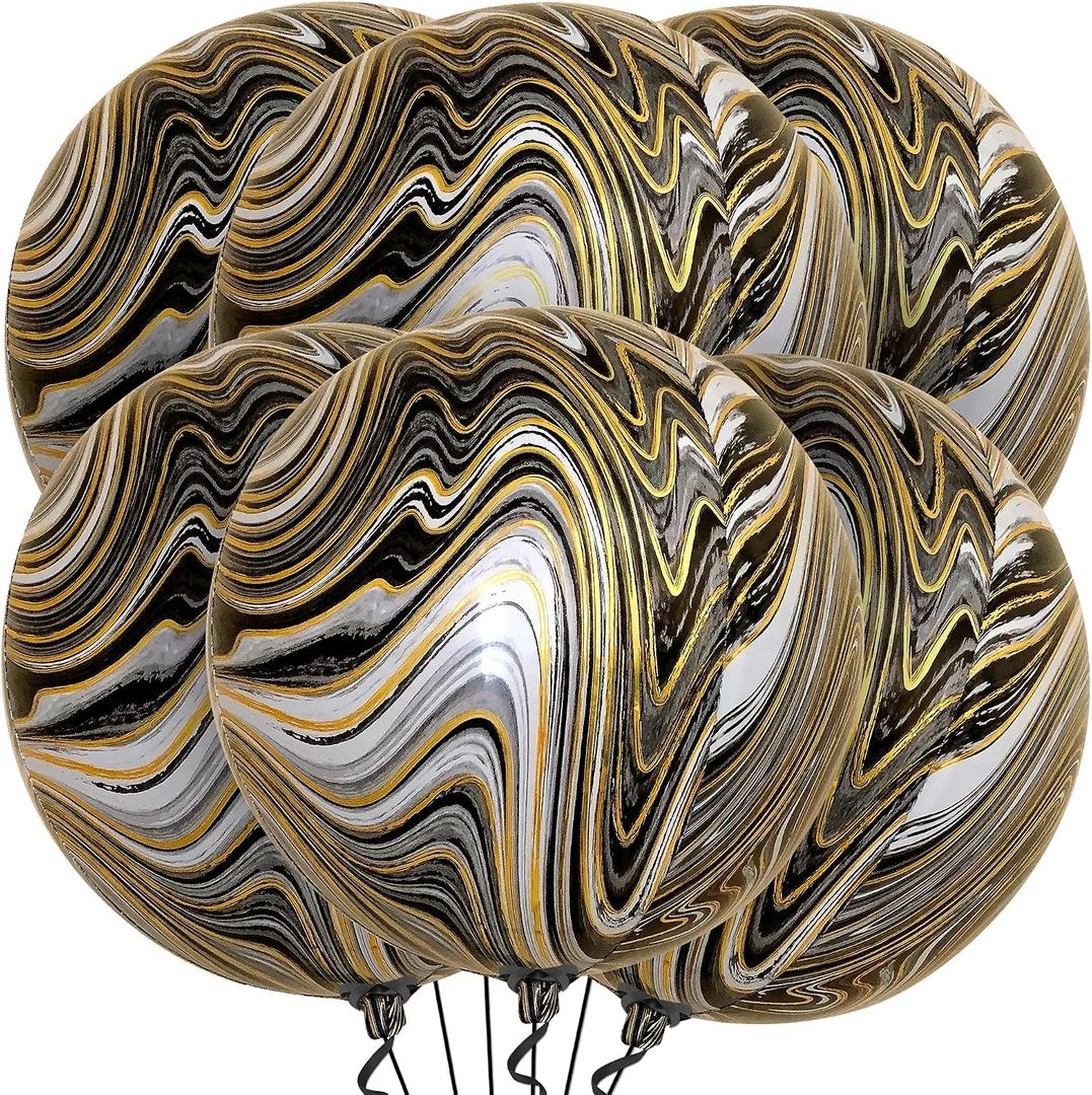 KatchOn, Big Marble Balloons - 22 Inch, Pack of 6 | Round 4D Marble Black and Gold Balloons for Graduation Decorations 2026 | Mylar Balloons For Birthday, Baby Showers