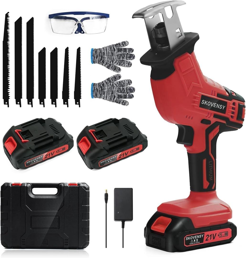 Cordless Reciprocating Saw for Home & Outdoor Use, 22.0Ah Batteries, Variable Speed, Red Compact Saw Kit with Blades for Wood/Metal/PVC Cutting  Ideal for DIYers & Gardeners in All Seasons