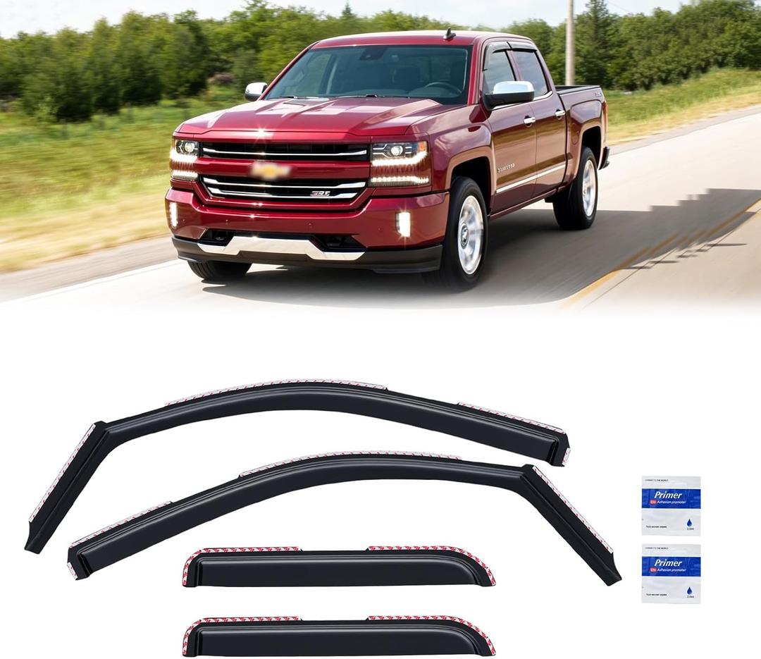 in-Channel Rain Guards for 2014-2018 Chevy Silverado 1500/ GMC Sierra 1500 Double Cab, Window Visor Shields Vent Deflector Shade Wind Dark Smoke for 15-19 Silverado/Sierra 2500 3500, Tape-On, 4PCS