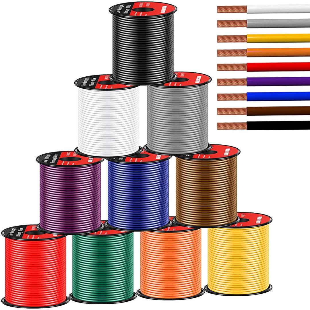 Gisafai 10 Pcs 18 Gauge Wire 100 ft Per Roll (1000 ft Total) Automotive Primary Wire Spools Copper Clad Aluminum Primary for 12v Automotive Harness Car Audio Video Wiring