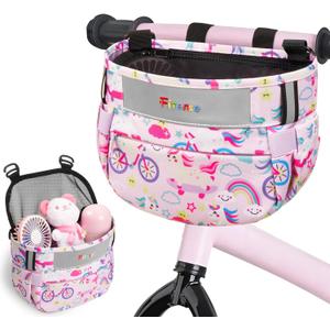 Fitense Kids Bike Basket, Bicycle Basket Front Handlebar, Waterproof Cute Fabric Children's Bike Basket, Kids Bike Accessories Fit Most Boys, Girls, Toddlers Bike or Scooter, Easy to Install, Pink Unicorn