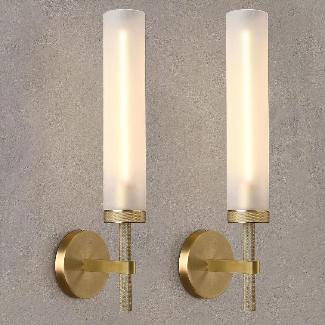 20'' Knurled Brass Bathroom Wall Sconces Set of 2,Premium Frosted Glass Tube Hardwired Vanity Lights, Modern Handmade Wall Lighting for Mirror, Bedroom, Hallway &Living Room,Staircases