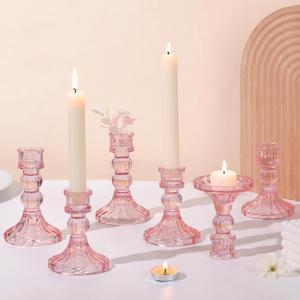 6Pcs Pink Candlestick Holders Set- 4" H Taper Candle Holders Bulk, Glass Candle Holders for Wedding, Party, Romantic Dinner Table Centerpieces, Festival Gifts & Windowsill Decor