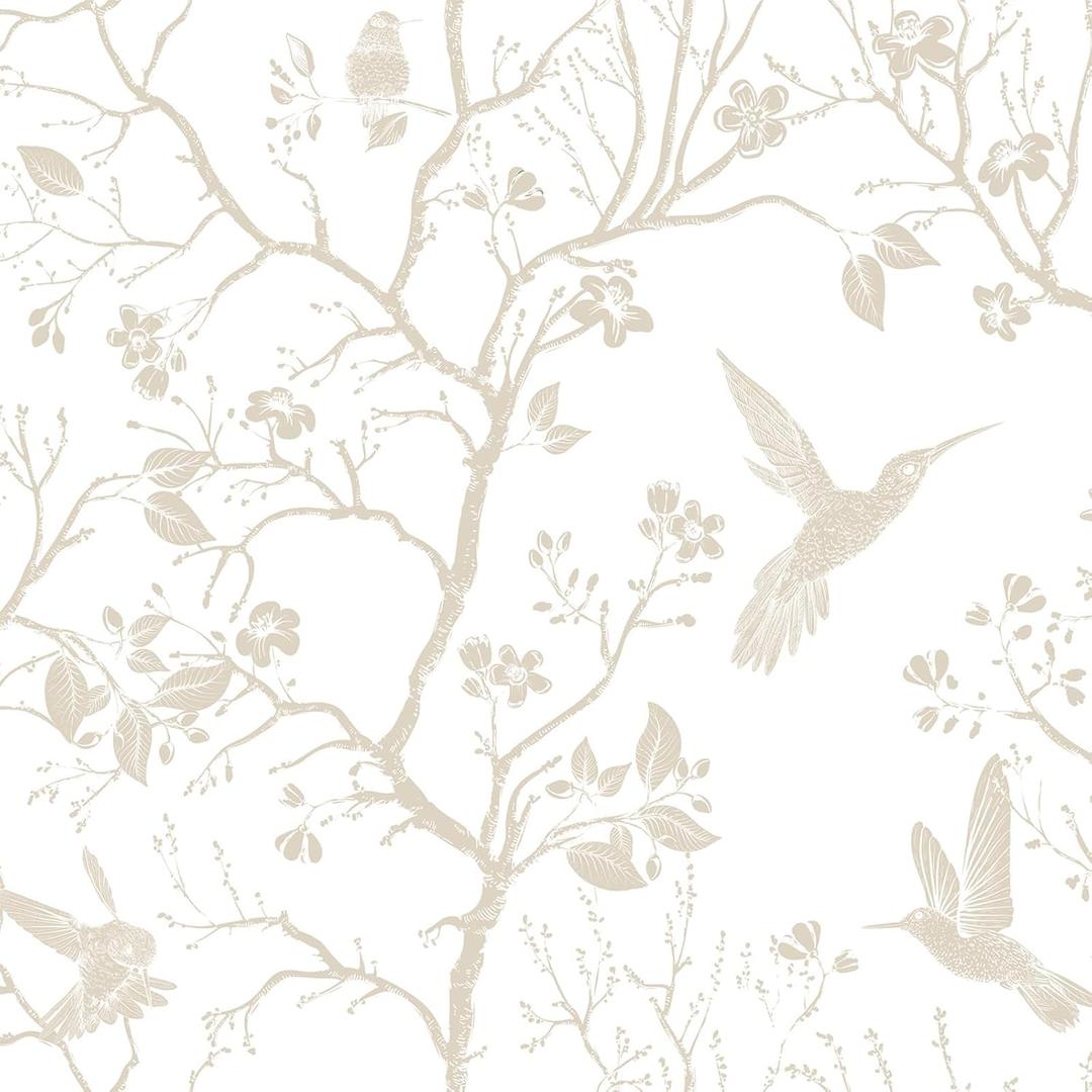 FunStick Vintage Beige White Floral Wallpaper Peel and Stick Cottage Farmhouse Bird Wallpaper White Floral Contact Paper for Cabinets Removable Renter Friendly Wall Paper for Bathroom Walls Waterproof (17.5" x 118")