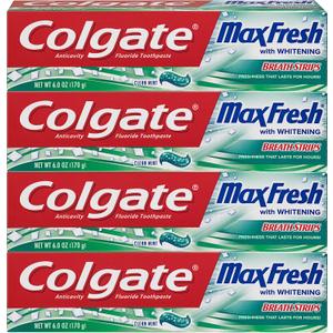 Colgate Max Fresh Whitening Toothpaste with Breath Strips, Clean Mint, 6 Ounce Tube, 4 Pack