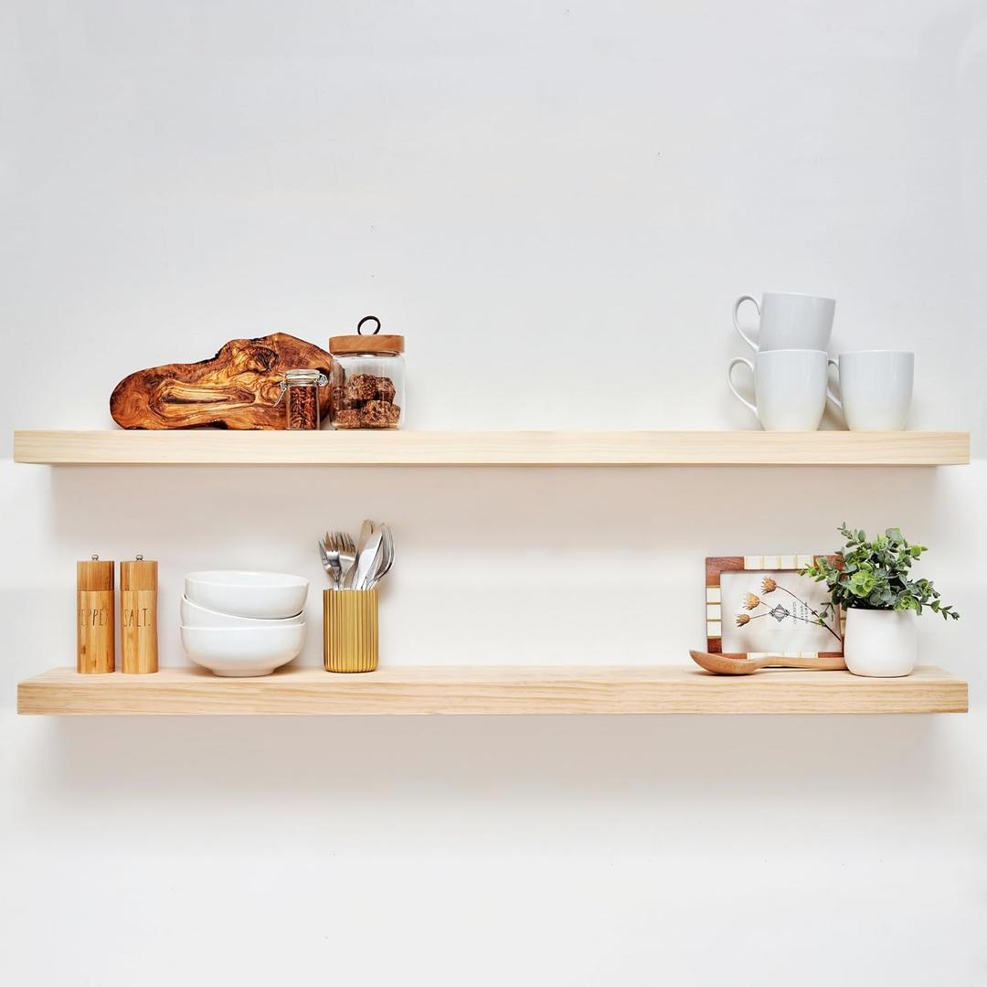 Homeforia 48 inch Natural Floating Shelf, High End Solid Real Wood 48inch Small Floating Shelves for Wall Mounted, Natural Wooden Floating Shelves, Heavy Duty Bracket, 48 X 6.5 X 1.75 in, Set of 2 (Natural Pine - Satin Clear Coat Finish)