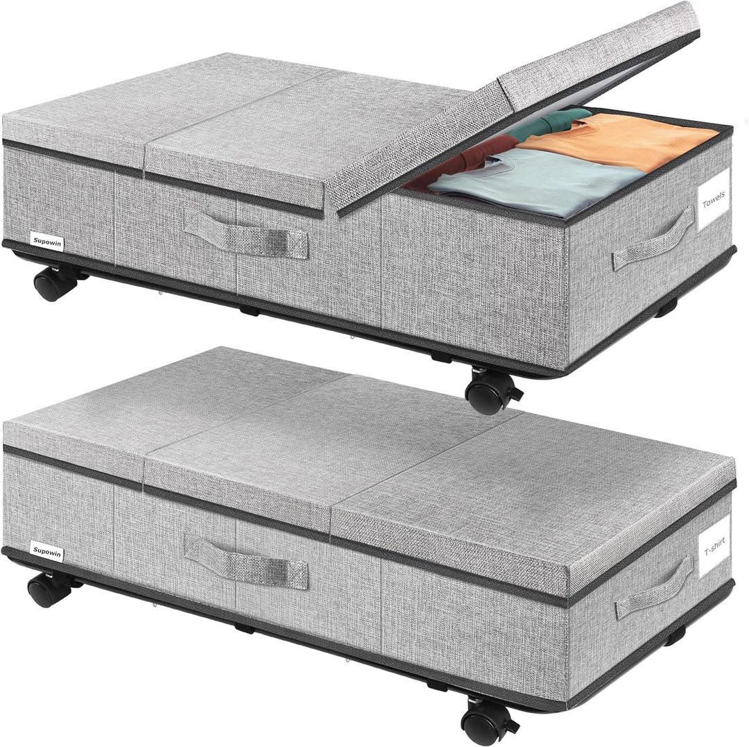 Under Bed Storage with Wheels, Rolling Underbed Storage Containers with Lids, Under Bed Shoe Storage Bins Organizer with Reinforced Metal Bottom Support and Three Handles