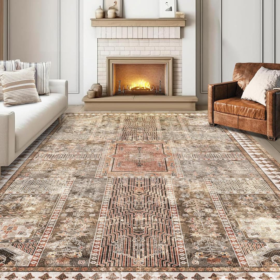 Vintage 5' x 7' Washable Area Rug - Stylish Indoor Rug for Living, Dining or Bedroom - Lightweight Carpet with Non-Slip Backing - Foldable for Easy Placement and Maintenance - Ivory