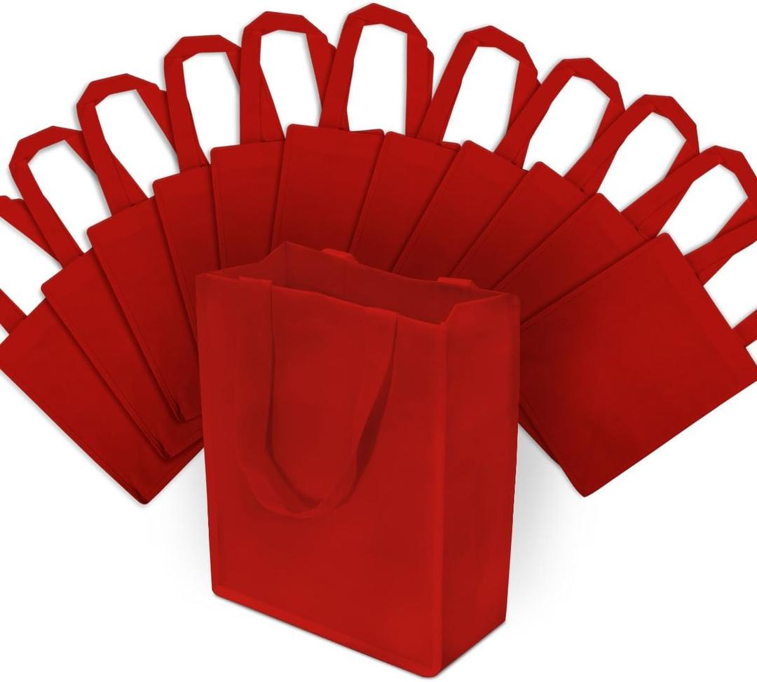 ZENPAC Red Gift Bags, Reusable Fabric Tote Bags Small with Handles, Red Christmas Bags for Holidays, Shopping, Retail, Grocery Use, Small Business, Bulk, 8x4x10, 12 Pack