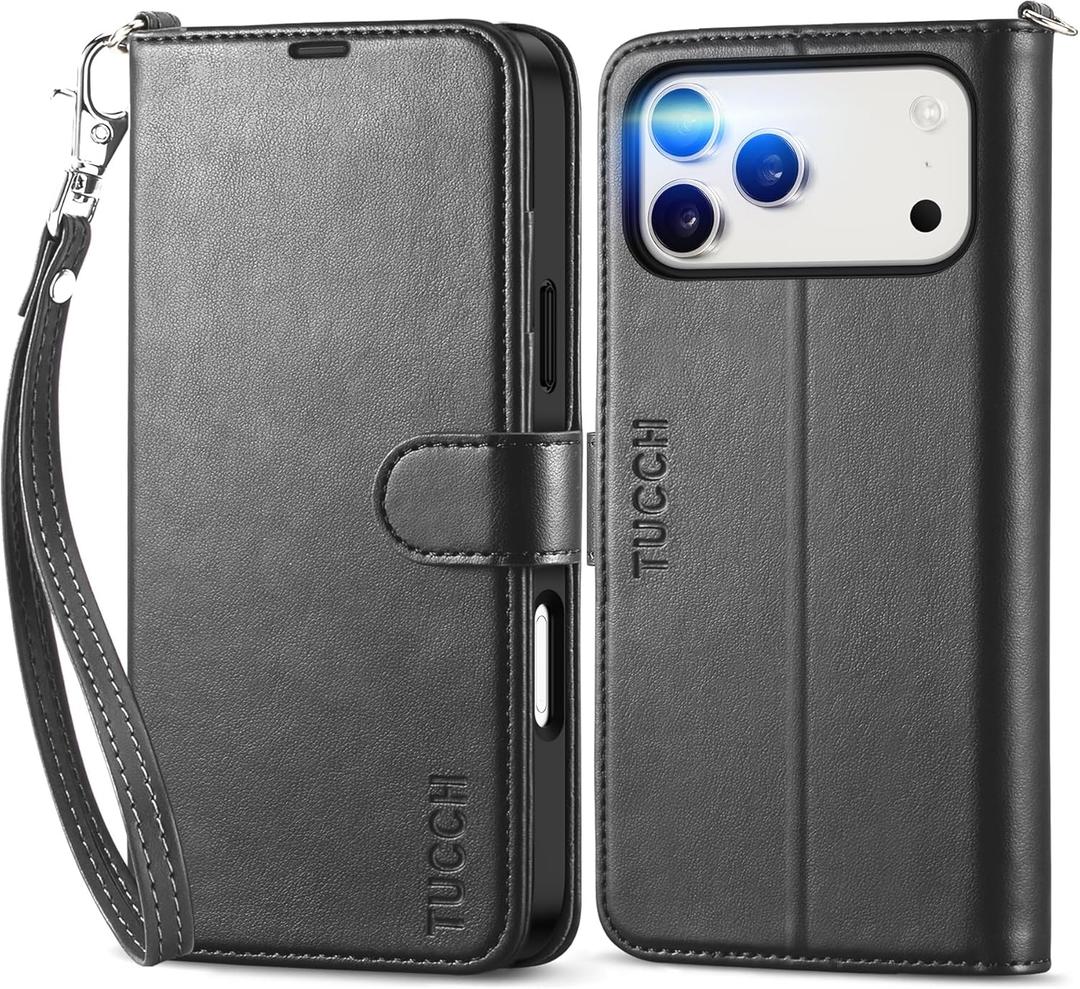 TUCCH Wallet Case for iPhone 17 Pro Max (6.9") 2025, Wrist Strap RFID Blocking 4 Card Slots, Kickstand, Shockproof TPU Shell, PU Leather, Magnetic Closure, Protective Flip Cover, Black