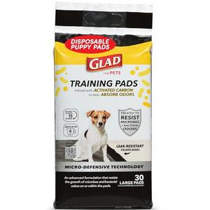Glad for Pets Activated Carbon Anti-Microbial Dog Training Pads with Odor Eliminator - Ultra Absorbent Pee Pads for Dogs, Heavy Duty Indoor Pee Mats, Puppy Essentials, 23" x 23", 30 Count