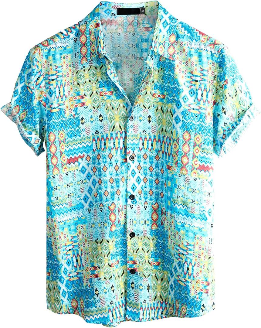 VATPAVE Mens Casual Hawaiian Floral Shirts Short Sleeve Button Down Tropical Shirts Beach Summer Shirts (Blue, XXL)
