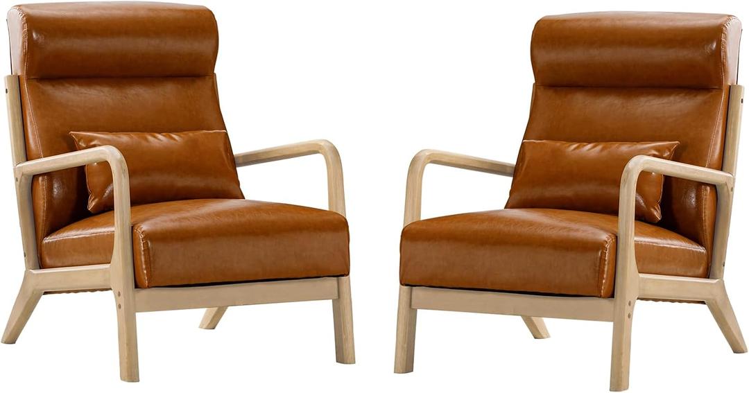Phoenix Home Mid Century Modern Accent Chair Set of 2, PU Leather Upholstered Lounge Arm Chair with Solid Wood Frame & Lumbar Pillow for Living Room Balcony, Bedroom, Brown