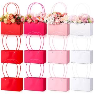 Geyoga 12 Pcs Flower Boxes for Arrangements Kraft Paper Gift Bags with Handle Waterproof Lining Flower Floral Bouquets Bags for Mother's Day Graduation Wedding Anniversary Birthday Gift(4 Colors)