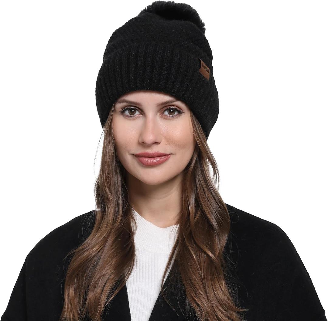 WOOH Womens Beanies for Winter,Knit Hat with Faux Fur Pom Pom Beanie for Women,Warm Fleece Lined,Less Static