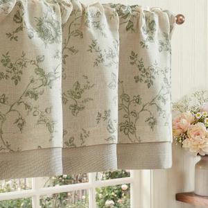 jinchan Amlie Floral Linen Valance Curtain Farmhouse Kitchen Valance for Living Room Laundry Light Filtering Double Layer Cottagecore Window Treatment Rod Pocket 1 Panel 16 Inch Sage Green on Linen