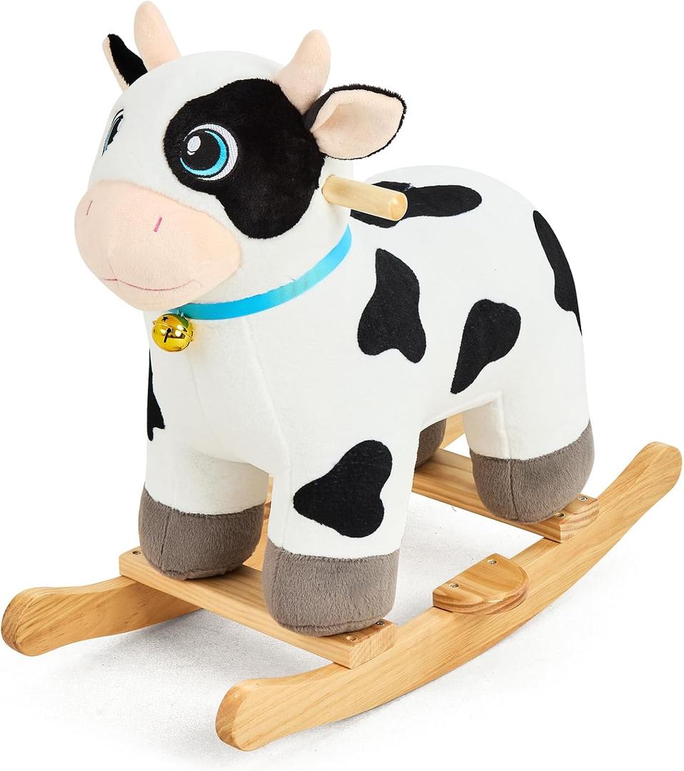 FUNLIO Cow Rocking Horse Ages 1-3, Adorable Baby Rocking Horse with Cuddly Head, Bright Sparkling Eyes & Jingling Bell, Stuffed Plush Ride-on Baby Rocker, Easy to Assemble, CPC & CE Certified