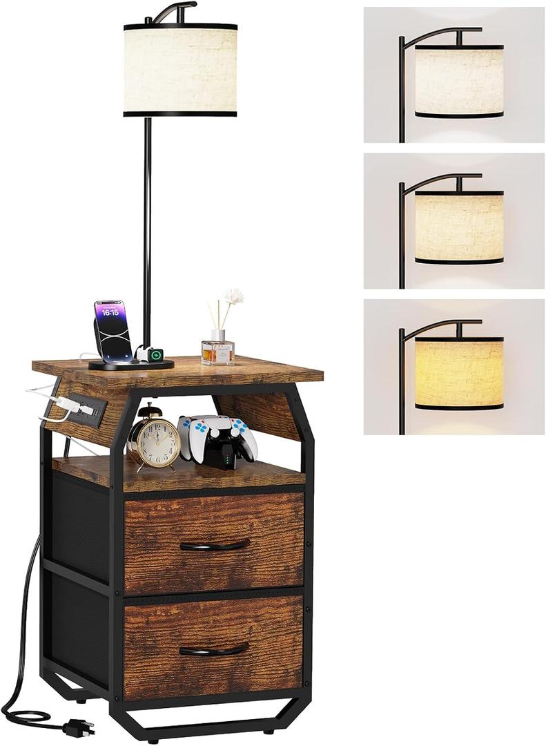 Floor Lamp with Table, End Tables with Lamps Attached 3-Color Temperature Bulb, Side Table with Lamp with 2 Drawers & Charging, Lamps Tables Combo for Bedroom, Dorm, Apartment - Rustic Brown