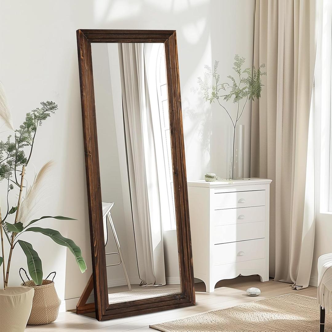 65"x22" Full Length Mirror Solid Wood Frame Floor Mirror with Stand for Living Room, Bedroom Hanging Standing or Leaning, Brown