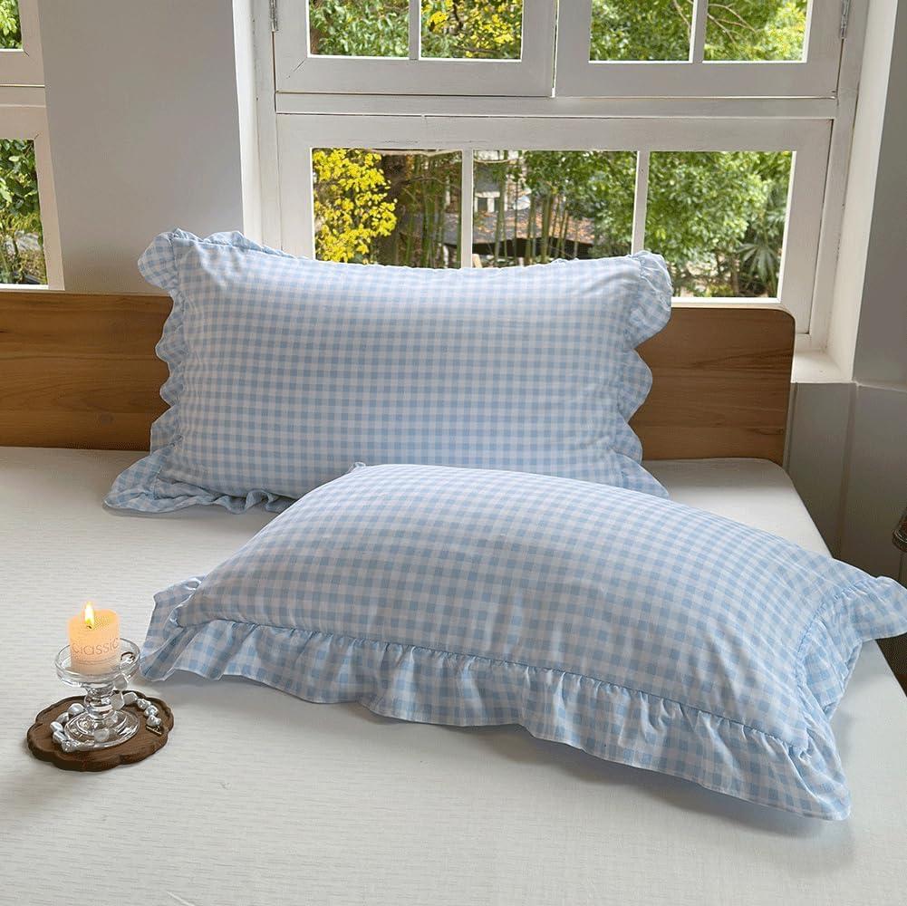 NSNLGSGC Light Blue Ruffled Plaid Gingham Queen Size Pillow Shams 20"x30"
Set Of 2, Checked, Pre-Washed, Microfiber, Farmhouse