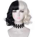 Black and Light Blonde Wig with Necklace Choker for Womens Girls Cosplay Costume Short Wavy Bob Synthetic Wigs with Bangs for Halloween Party (Black and White)