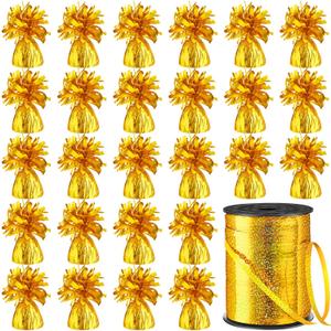 Yunsailing 24 Pcs Balloon Weights Metallic Holder Anchors with 1 Roll Iridescent Ribbon Centerpieces Decoration for Helium Balloons Birthday Wedding 2025 Graduation Party(Gold)