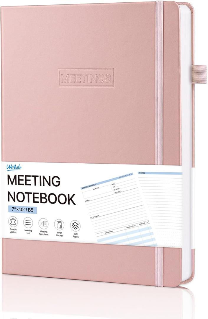 WEMATE Meeting Notebook for Work, Work Planner Notebook With Action Items, B5 Size Project Planner, Easily Take Meeting Notes & Keep Agendas on Track, Calender, Index Page, Inner Pocket, 710 Inch, Pink
