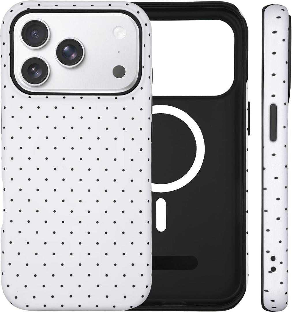 for iPhone 17 Pro Case Cute Polka Dot Phone Case Compatible with MagSafe, Dual-Layer Shock Protection (Hard PC + Silicone) - Aesthetic Protective Phone Cover for Women Girls, White