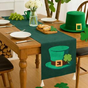 Boao St Patricks Day Table Runner 13 x 72 Inch Green 3D Embroidered Thick Canvas Decor Leprechaun Top Hat Clover Table Runner Irish Festival Home Decoration for Holiday Party Kitchen Party