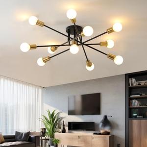 Modern Sputnik Gold and Black Semi Flush Mount Ceiling Light Fixture Minimalist,Mid Century Large 11 Light Metal Chandelier for Living Room Dining Room Bedroom Kitchen Office Entryway