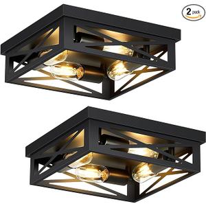 Black Flush Mount Ceiling Light Fixture,4-Light Square Hallway Light Fixtures Ceiling,Light Fixtures Ceiling Mount for Farmhouse,Kitchen,Hall,Bedroom (2 Pack)