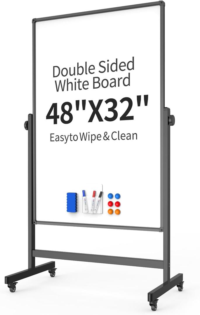 48x32inches Mobile Whiteboard - Adjustable Height, Standing Whiteboard on Wheels, Double-Sided Magnetic Dry Erase Board for Office, Home, Classroom (Black)