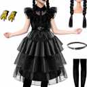 Funna Black Costume Girls Dress for Toddler Halloween Family Cosplay Party with Wig Belts Socks Earrings (10 Years)