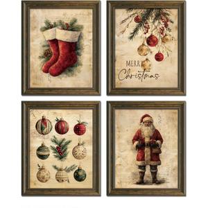 2 x Wheatwin Vintage Christmas Wall Art Decor, Merry Christmas Santa Claus Bathroom Wall Decor Posters Prints Set of 4, Christmas Wall Decor Gifts for Winter Holiday Living Room Bedroom Kitchen, 8x10 (Unframed)
