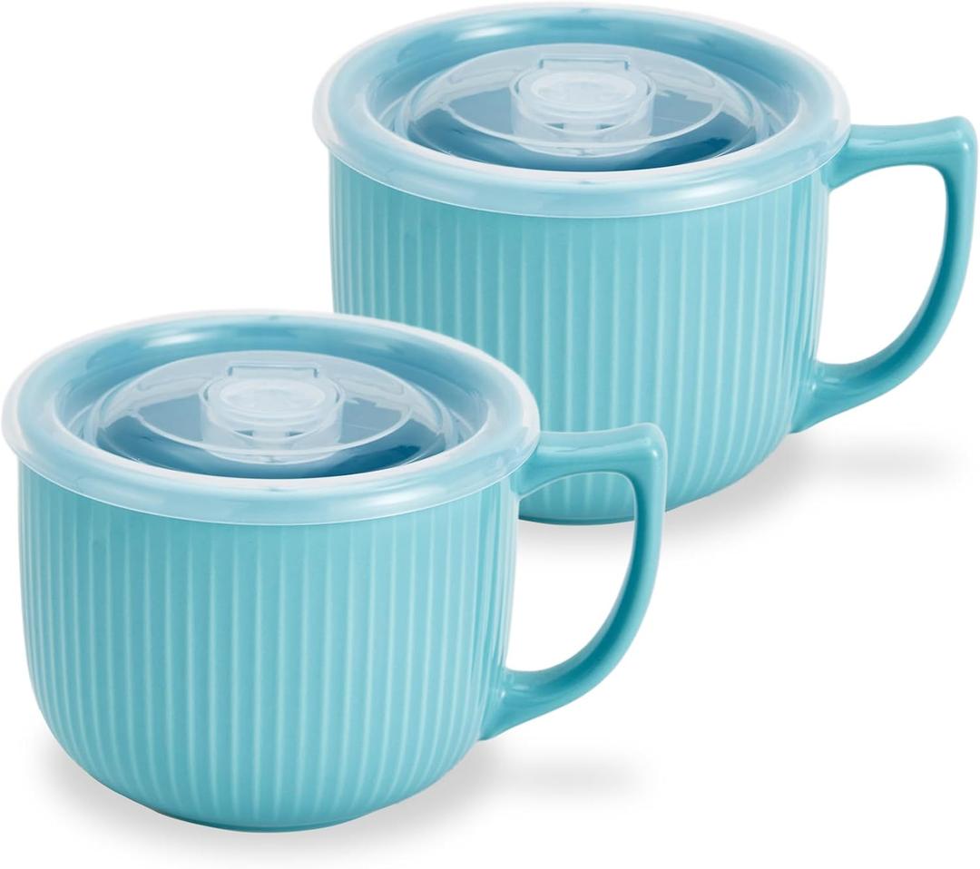 Ceramic Soup Bowl with Handle 32oz  Microwave Ramen Bowl with Lid, Soup Mugs & Cups for Cereal, Oatmeal, Ramen, Instant Noodle, Soup Container with Lid - Set of 2 (Blue)