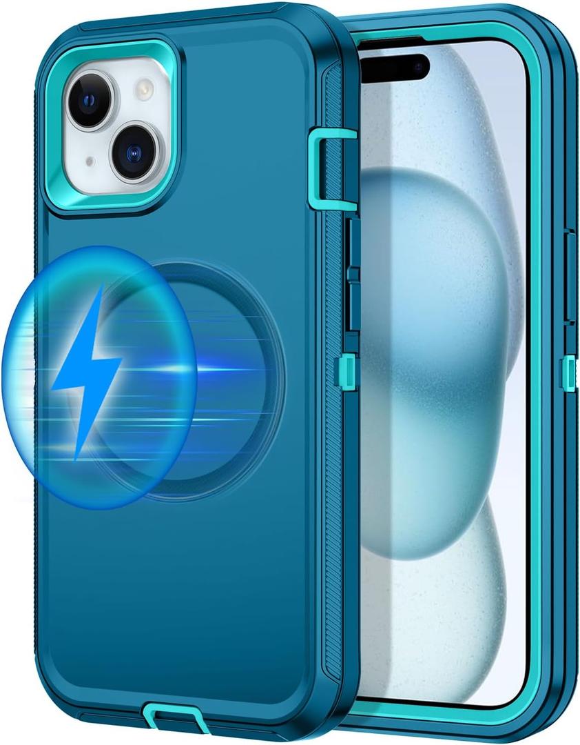 for iPhone 13/14/15 Case [MagSafe Compatible] Shockproof 3-Layer Full Body Protection Rugged Heavy Duty Cover Case - Turquoise