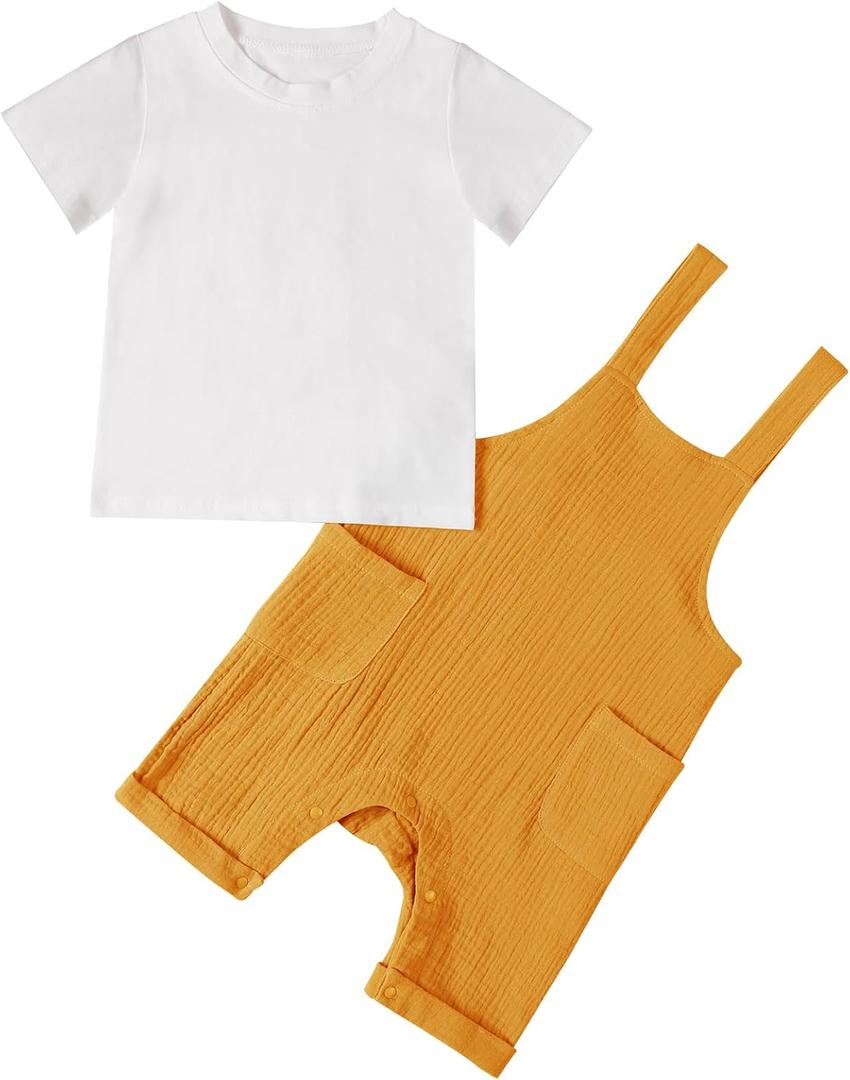 Hotfiary Baby Boy Summer Outfit Gauze Romper & T-Shirt 6-24 Months | Toddler Infant 2 Piece Clothes Set, Cotton White Top & Shortall with Pockets, Natural Boho Style, Ideal for Photo Beach Daily
