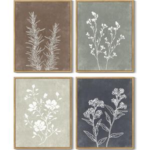 Drsoum Framed Boho Wall Art Set of 4 Wooded Vintage Botanical Prints Retro Plants Rustic Antique for Bathroom Farmhouse Kitchen Home Decor Ready to Hang 8x10inx4pcs (Natural Framed)