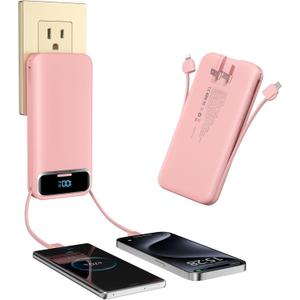 Portable-Charger Power-Bank with Built-in Cables & AC Wall Plug - 12000mAh PD 20W Fast Charging for iPhone,Samsung,Android, USB-C,Rechargeable External Battery Pack for Cell Phone,Type C,Travel Pink